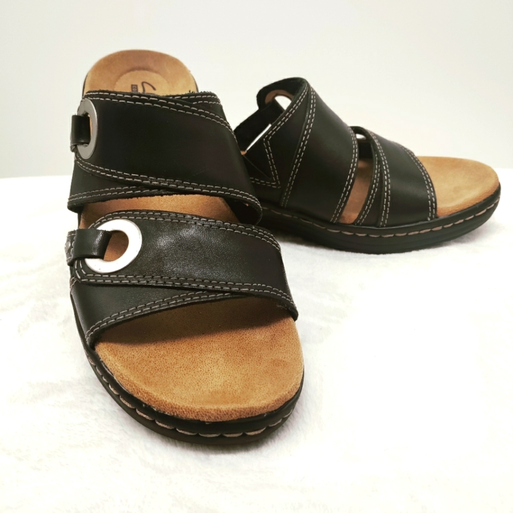 Clarks Slip On Black Leather Sandals